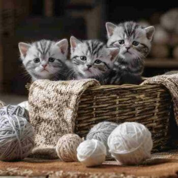 three silver and black tabby kittens sitting in wicker basket surrounded by balls of wool