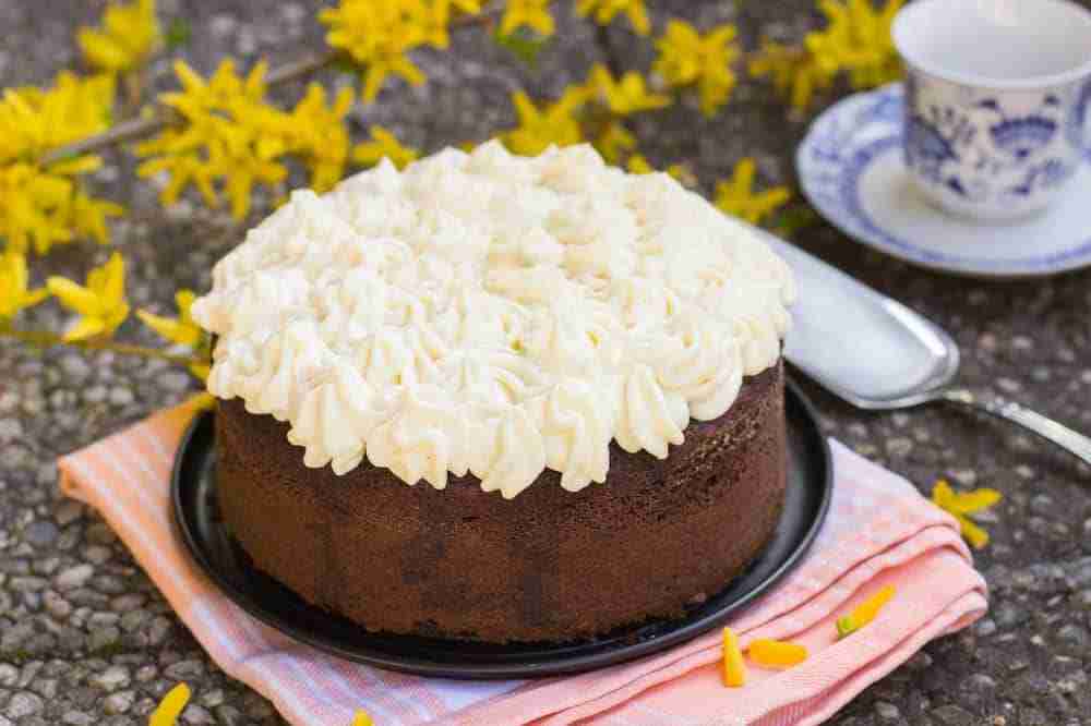 a chocolate sponge cake topped with whipped cream presented on a plate outdoors